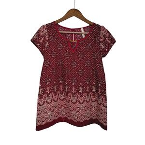 Chocolate Red Geometric Print Keyhole Neck Short Sleeve Blouse Top Size S